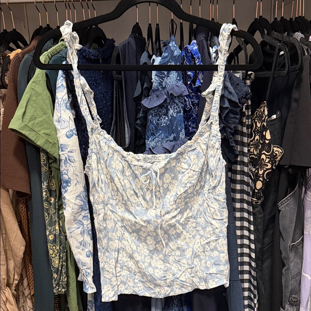 Reformation Blue and White Floral Tie-Shoulder Cami